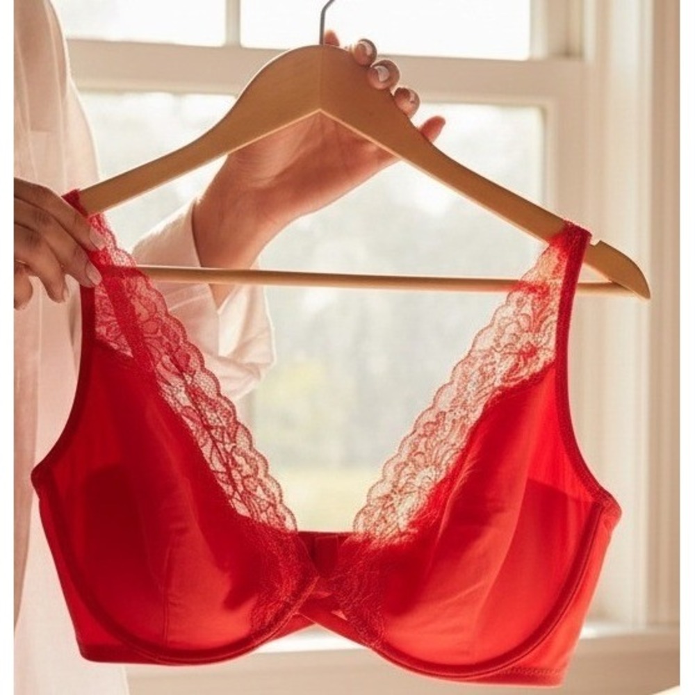 Soma Essentials Unlined Lace Trim Plunge Bra Red Underwire 36DD 570144368